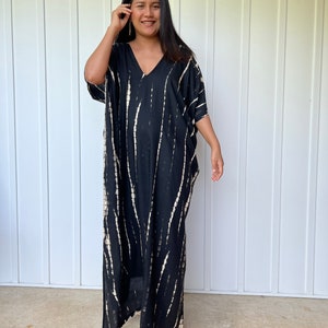 Black w/ Off White Tie Dye Kaftan CM-31 ~ Tropical Vacation Dress, Cruise Trip Wear, Bali Holiday Dress, Caribbean Outfit, Mexican Sun Dress