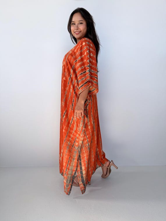 Womens Orange Dresses  Tie Dye With Black Kaftan Luxury A-3   Maxi Moroccan Caftan Dress  African Dress  Plus Size Kaftan  Resort Gown