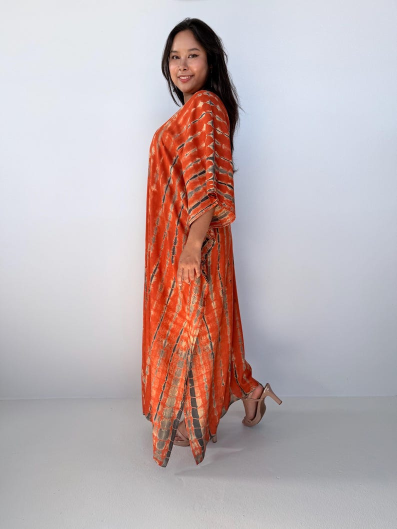 Womens Orange Dresses Tie Dye With Black Kaftan Luxury A-3 Maxi Moroccan Caftan Dress African Dress Plus Size Kaftan Resort Gown image 1