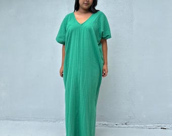 Double Gauze Cotton Kaftan Dress DD-7 - Womens Summer Dresses, Beach Cover Ups, Vacation Caftans For Women, Cruise Party Wear, Summer Style