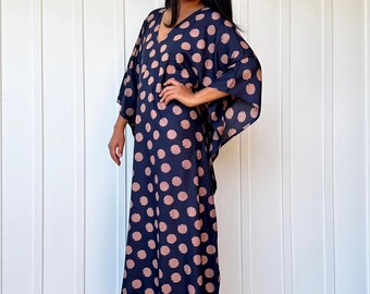 Blue with Circles Hand Silkscreened Kaftan A-239   Beautiful Caftan  Maternity Kaftan For Women  Fall Style  Lounge Wear  Dressing Gown