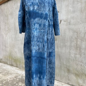 U-3-2 Midi cotton dress, hand painted fabric pattern, natural dye, One of a kind