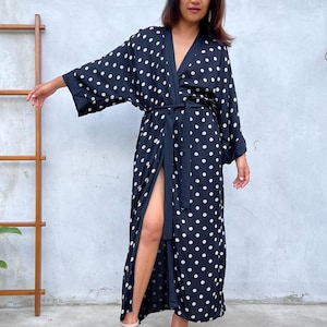Black With Hand Silkscreen Polka Dot Robe  __-1 ~ Kimono Robe, Resort Wear, Swim Cover Up, House Coat, Lounge Robe, Ladies Dressing Gown
