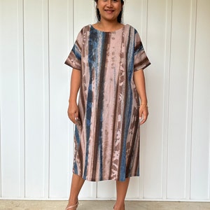 U-2-1 Midi cotton dress, hand painted fabric pattern, natural dye, One of a kind