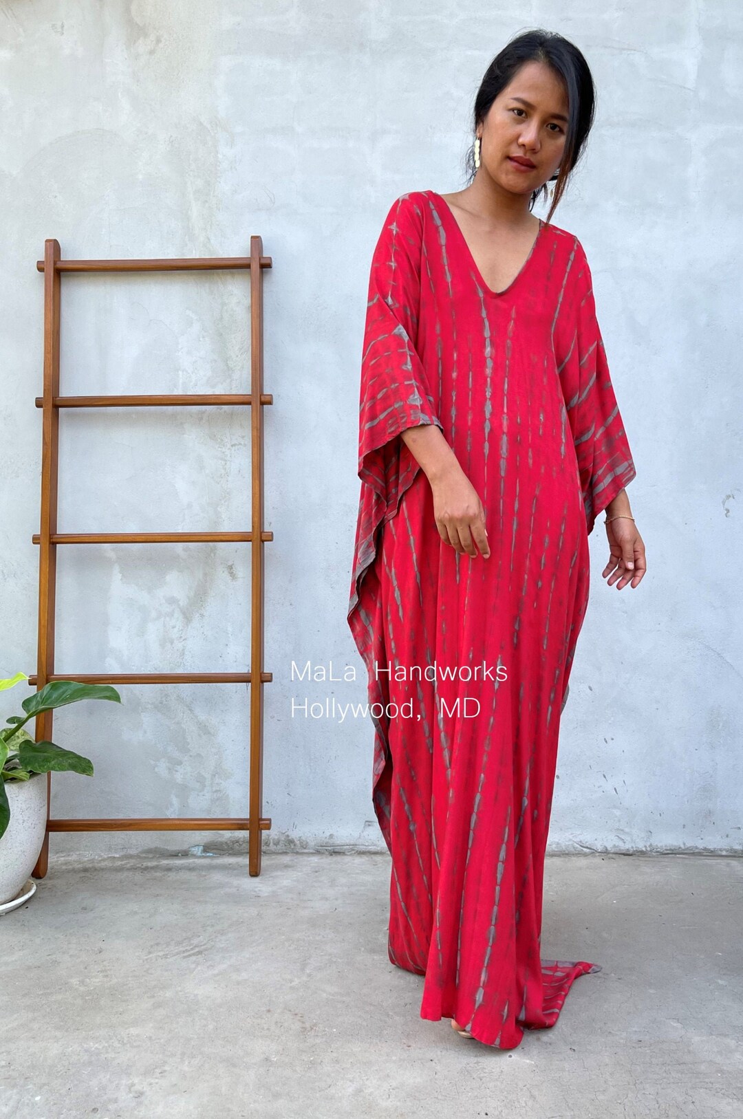 Red - Bandhani Tie-Dye Cotton Kaftan with Tie-Up Waist (Short)