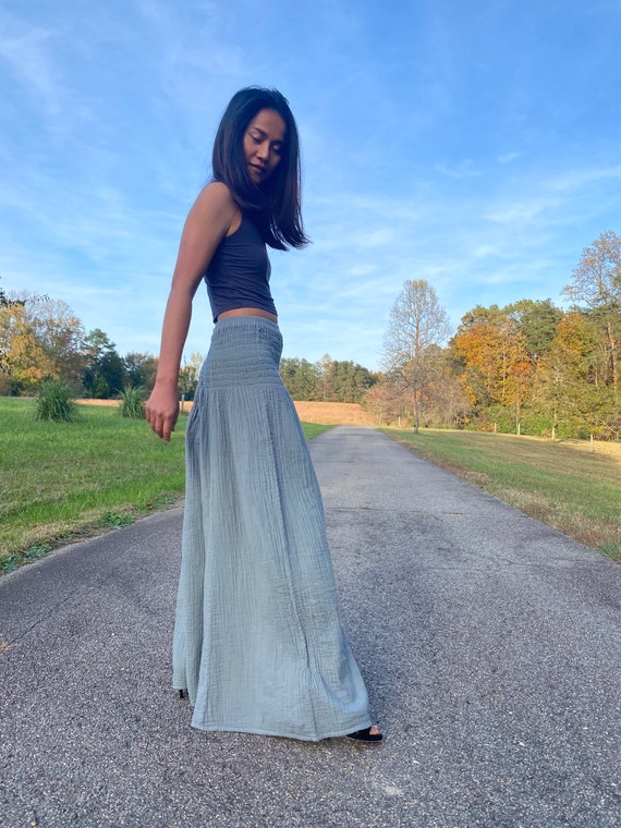 Sage Gray Cotton Double Gauze Pants V-3 ~ Wide Leg Pants