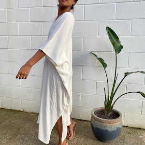 DS-2 Ivory White Midi Double Gauze Cotton Kaftan One size plus M-3XL, Double gauze cotton dress, Beach wear, Homedress, White dress, Roomy image 6