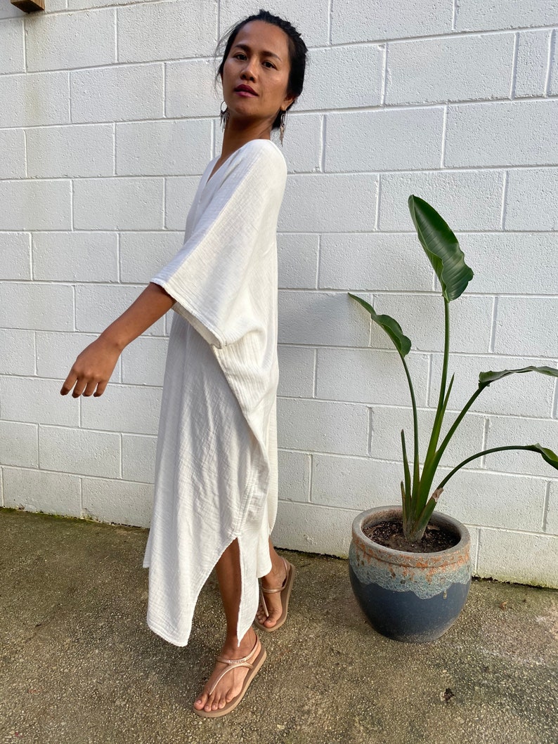 DS-2 Ivory White Midi Double Gauze Cotton Kaftan One size plus M-3XL, Double gauze cotton dress, Beach wear, Homedress, White dress, Roomy image 6