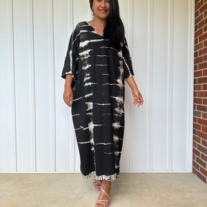 Black w/ Lt Gray Cotton Jersey Tie Dye Kaftan CO-1 ~ Kaftan Luxury, African Womens Dresses, Lounge And Sleepwear, Moroccan Caftans For Women