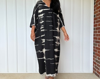 Black w/ Lt Gray Cotton Jersey Tie Dye Kaftan CO-1 ~ Kaftan Luxury, African Womens Dresses, Lounge And Sleepwear, Moroccan Caftans For Women