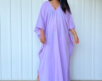 O-32 Cotton Semi sheer Light Purple Kaftan Dress, Lounge Resort Beach wear, Light and breathable cotton kaftan dress