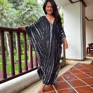A-129 Black Tie Dye w Blue gray Kaftan  caftan  beach  resort  vacation  cruise  pool  party  lounge  home  work at home