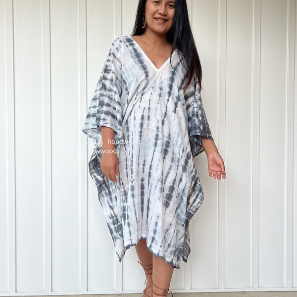 FG-1 White w/ Black Midi Gauze Kaftan Tunic, Tunic Beach wear, Lounge wear, Beach wear tunic, Summer dress, Resort wear, Resort kaftan