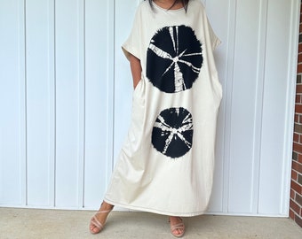 Alice-1 White with Tie Dye Design Fine Jersey Cotton Kaftan Dress