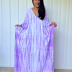 White with Purple Tie Dye Kaftan A-63, caftan, beach, resort, vacation, cruise, pool, party, lounge, home, work at home