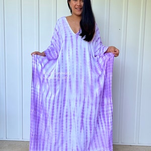 A-63 White w/ Purple Tie Dye Kaftan, caftan, beach, resort, vacation, cruise, pool, party, lounge, home, work at home