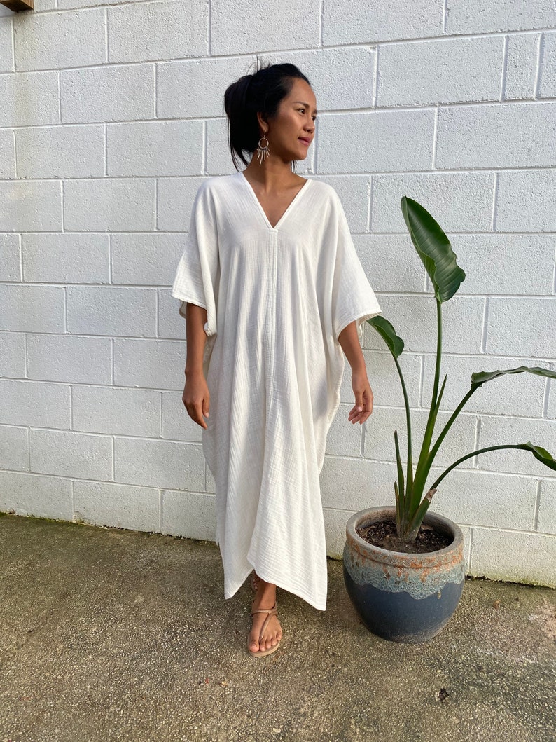 DS-2 Ivory White Midi Double Gauze Cotton Kaftan One size plus M-3XL, Double gauze cotton dress, Beach wear, Homedress, White dress, Roomy image 2