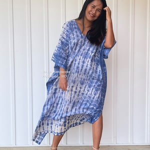 O-2 Cotton Semi sheer White w/ Blue hand Tie Dye Kaftan Dress, Lounge Resort Beach wear, Light breathable cotton kaftan dress