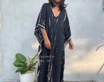 AA-3 Black Tie Dye Rayon Kaftan  beach  resort  vacation  cruise  pool  party  lounge  home  work at home  Length option