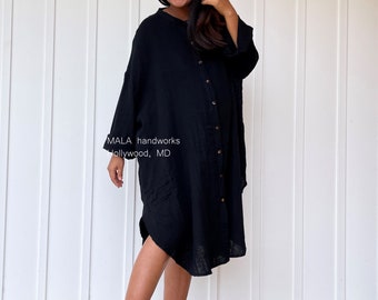 PS-11 Midi Black Double Gauze Shirtdress 41&quot;, One size fit most, Unisex, shirt dress, home wear, street wear, lounge wear