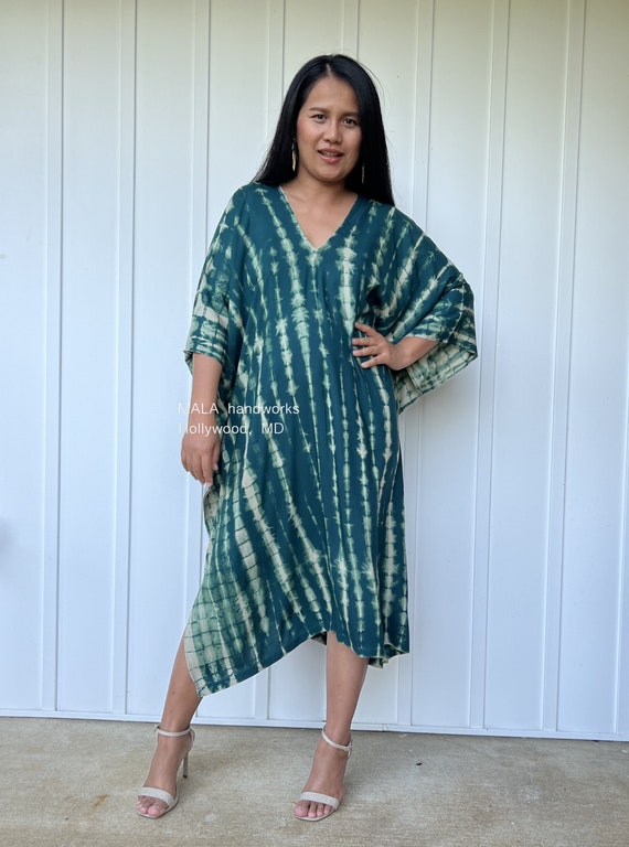Teal Green Tie Dye Midi Kaftan FR-14  ~ Midi Resort Dress, Moroccan Caftans, African Womens Dresses, Cruise Wear, Tropical Vacation Dress