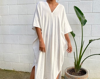 DS-2 Ivory White Midi Double Gauze Cotton Kaftan One size plus M-3XL, Double gauze cotton dress, Beach wear, Homedress, White dress, Roomy