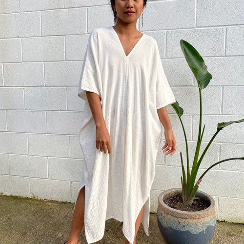 Caftan midi en coton double gaze blanc ivoire DS-2 Taille unique plus M-3XL, Robe en coton double gaze, Vêtements de plage, Tenue d'intérieur, Robe blanche, Spacieuse