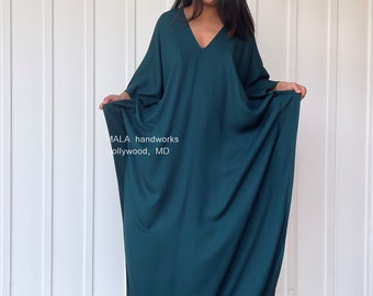 A-79 Green Kaftan, Home dress, Versatile dress, Beach wear, Caftan dress, Loose fit,  Vacation kaftan, Summer kaftan, Lounge wear, Length