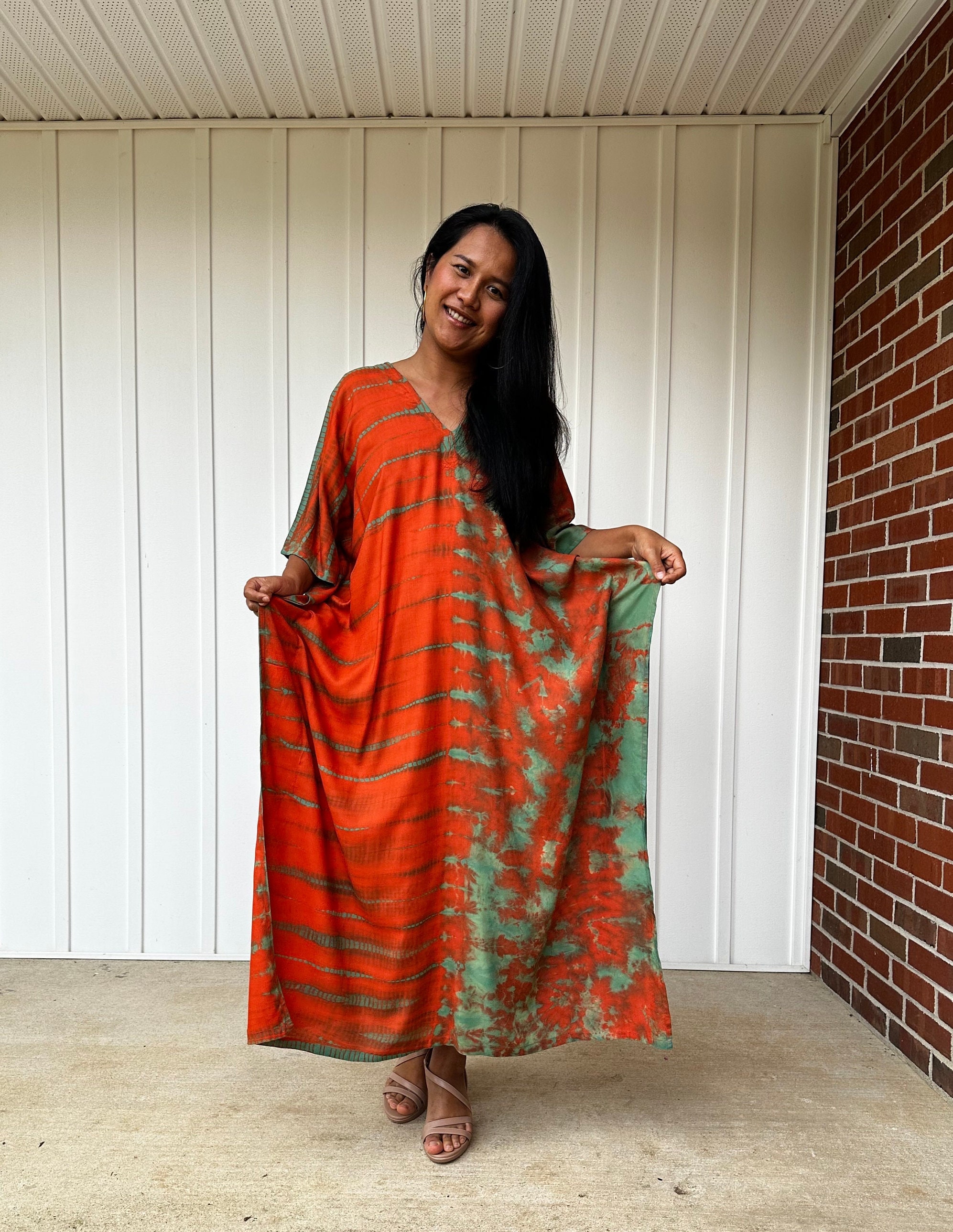 Orange mit grünem Tie Dye Kaftan N-38 ~ Herbst Stil Kaftane für Frauen, Herbstkleidung, Boho Lounge Wear, marokkanischer Kaftan, afrikanisches Kleid, Musselin