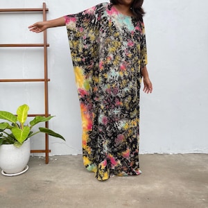 Black w/ Rainbow Tie Dye Boat Neck Kaftan AC-15 ~ Caftans For Women, Plus Size Clothing, Womens Summer Dresses, Beach Caftan, Cocktail Wear image 1