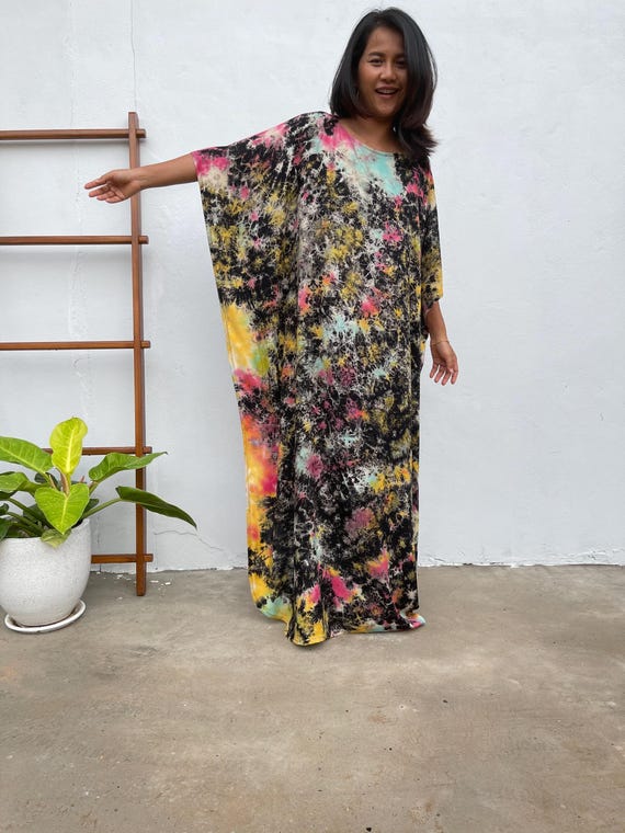 Black w/ Rainbow Tie Dye Boat Neck Kaftan AC-15 ~ Caftans For Women, Plus Size Clothing, Womens Summer Dresses, Beach Caftan, Cocktail Wear