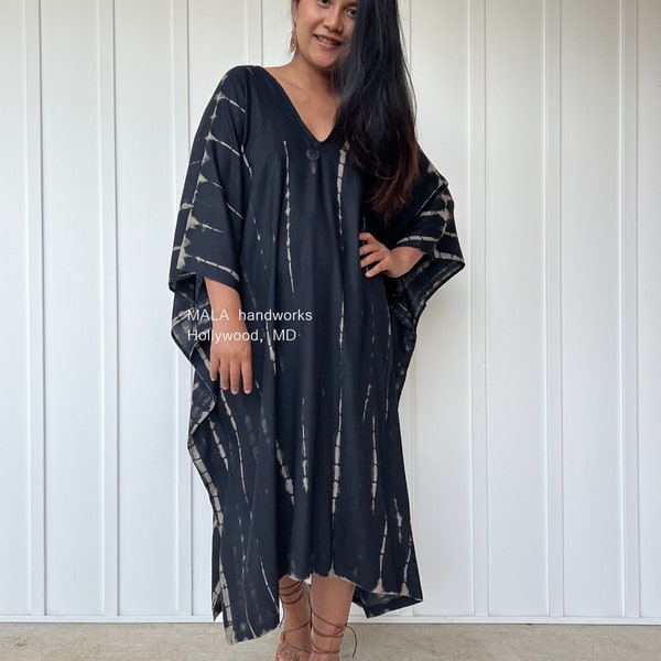 FR-16 Black Tie Dye Midi Kaftan Resort, poncho, vêtements d'intérieur, tunique de plage, robe d'été, robe poncho, haut, caftan de villégiature