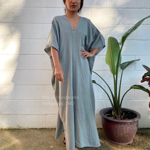 Caftan en coton double gaze sauge DG-3 - Taille unique pour la plupart des caftans en coton