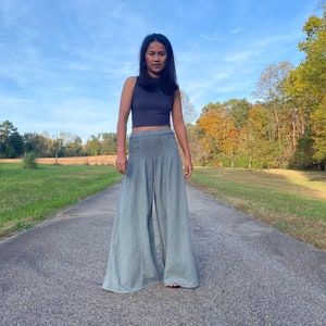 Sage Gray Cotton Double Gauze Pants V-3 ~ Wide Leg Pants, Boho Palazzo Pants, Burning Man Clothing, Lounge Trousers,Beach Pants,One size fit