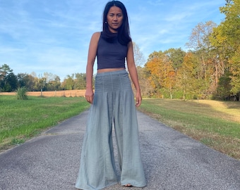 Sage Gray Cotton Double Gauze Pants V-3 ~ Wide Leg Pants, Boho Palazzo Pants, Burning Man Clothing, Lounge Trousers,Beach Pants,One size fit