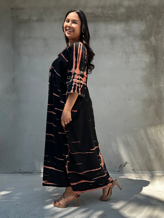 Black With Orange Tie Dye Cotton Jersey Dress For Women CO-44 ~ Winter Lounge Dress, Christmas Dress, Holiday Gifts For Her, Plus Size Black With Orange Tie Dye Cotton Jersey Dress For Women CO-44 ~ Winter Lounge Dress, Christmas Dress, Holiday Gifts For Her, Plus Size