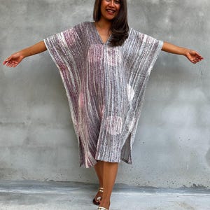 Vestido caftán midi de algodón de doble gasa DS-20 ~ Caftán pintado a mano para mujer, vestido balinés para vacaciones, ropa de resort de lujo, caftán de talla única