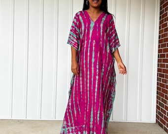 N-36 Fuchsia with Green Tie Dye Kaftan, caftan, beach, resort, vacation, cruise, pool, party, lounge, home, work at home