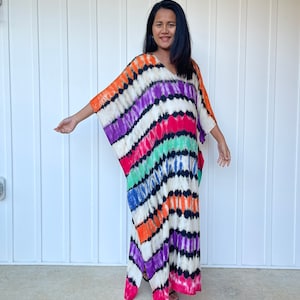 AA-26 Rainbow Tie Dye Rayon Kaftan,  beach, resort, vacation, cruise, pool, party, lounge, home, work at home