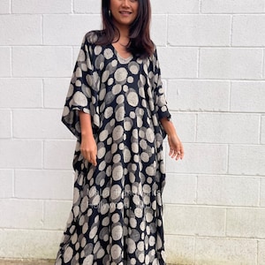 Black with Pattern Hand Silk Screened Kaftan A-203 ~ Plus Size Kaftan Dress, Caftan For Women, Fall Clothing, Beach Cover, Vacation Dress