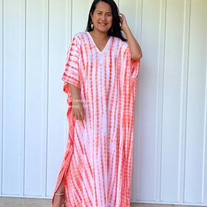 White with Orange Tie Dye Kaftan A-5, caftan, beach, resort, vacation, cruise, pool, party, lounge, home, work at home, Length option