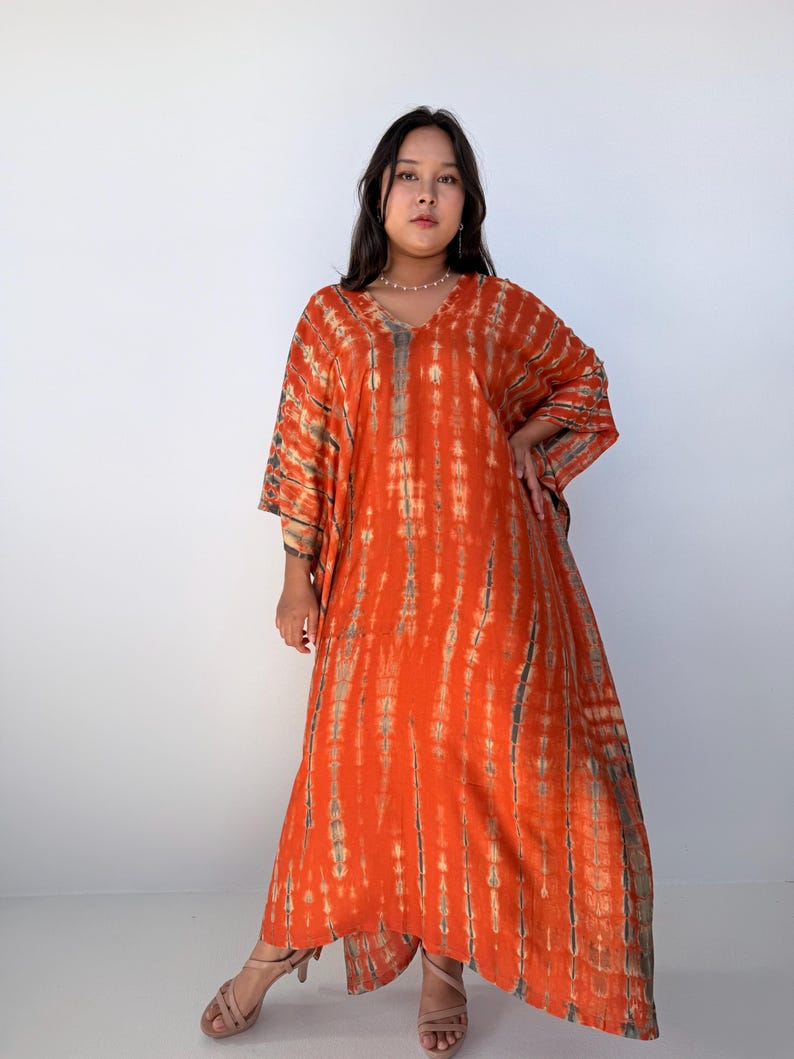 Womens Orange Dresses Tie Dye With Black Kaftan Luxury A-3 Maxi Moroccan Caftan Dress African Dress Plus Size Kaftan Resort Gown image 2