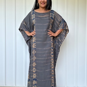 AC-22 Gray w/Blue Tie Dye Boat Neck Kaftan, beach, resort, vacation, cruise, pool, party, lounge, home, work at home