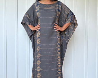 AC-22 Gray w/Blue Tie Dye Boat Neck Kaftan, beach, resort, vacation, cruise, pool, party, lounge, home, work at home