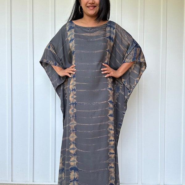 Gray With Blue Tie Dye Kaftan Dress For Women AC-22 ~ Boat Neck Kaftan Luxury, PlusSize Caftans, African Kaftan,Vacation Dress,Wedding Guest