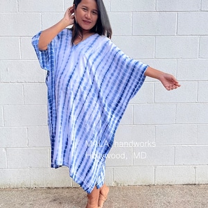 FR 5 - White w/ Blue Midi Kaftan Resort, Poncho tie dyed,Lounge wear, Beach wear tunic, Summer dress, Poncho dress, Top tie dyed,