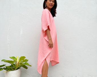Pink Midi Kaftan DS-10 ~ Double Gauze Caftan Dress, Womens Clothing, Beach Dress, Swimsuit Coverups, Vacation Kaftan Dress, Summer Clothing