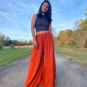 Orange Cotton Gauze Pants V-7 ~ Wide Leg Lounge Pants, Palazzo Pants, Festival Clothing Women, Burning Man Outfit, Beach Pants, One size fit