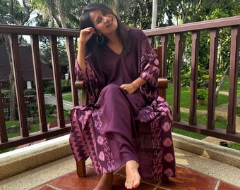A-240 Purple Screen Printed Kaftan Eco Printed - African Kaftan Dresses, Beach Cover Up, Plus Size Caftan, Maxi Batwing Mumu Dress, Moroccan