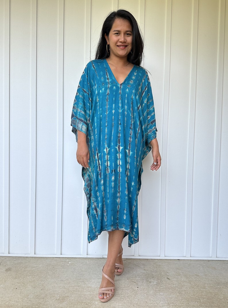 FR-26 Blue Teal tie dye Midi Kaftan, Midi dress, Tunic Beach wear, Lounge wear, Beach wear tunic, Summer dress, Resort wear, Resort kaftan image 6
